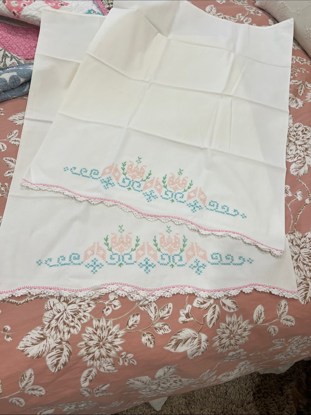 White Embroidered Pillowcase Set with Pink and Teal Floral Accents, Vintage Set